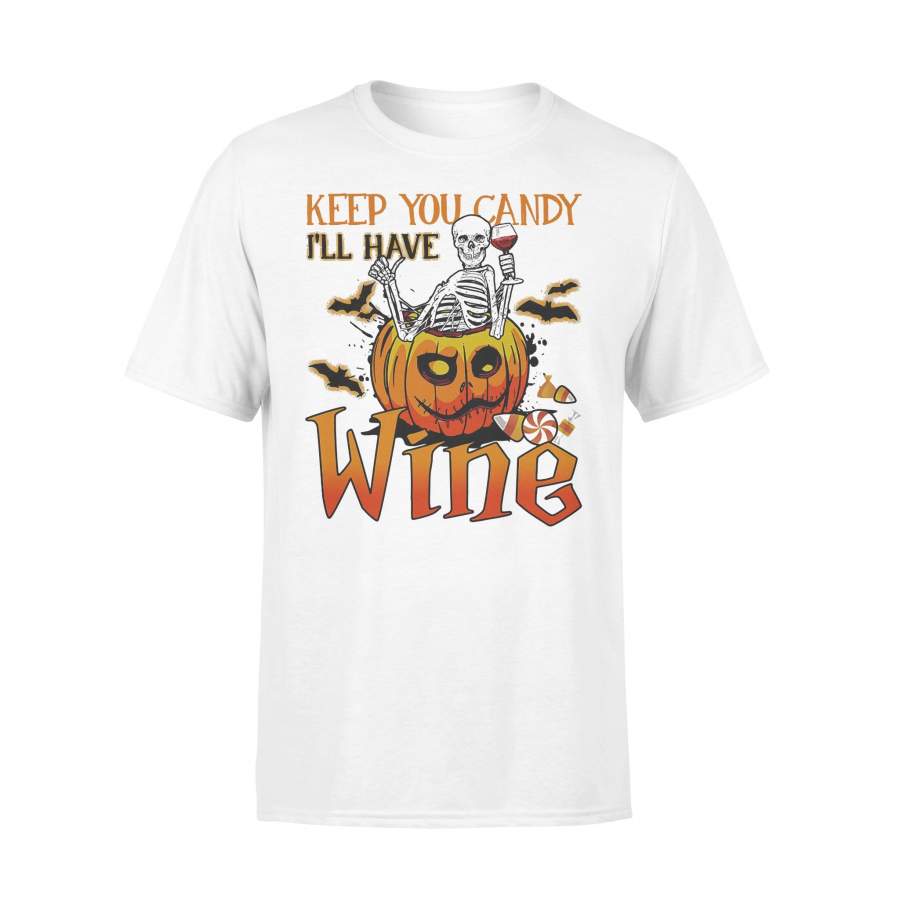 Skeleton Keep You Candy I’ll Have Wine Pumpkin Halloween T-shirt