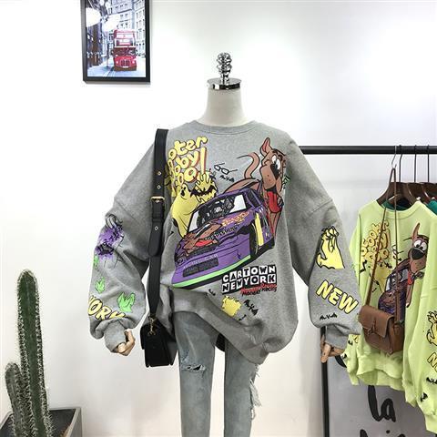 Cartoon sweatshirt women couple wear spring new long-sleeved shirt capless society Korean version of ins loose student BFins hot alx