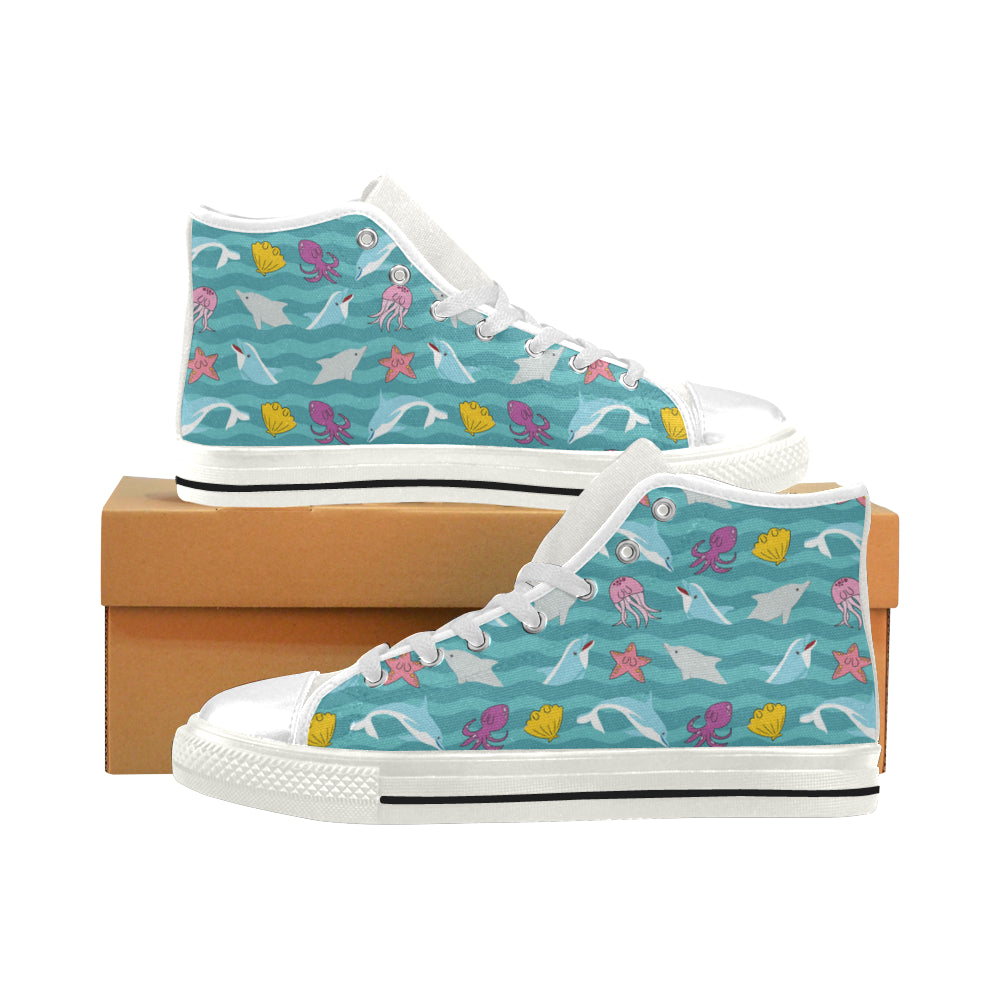 Dolphin White Men’s Classic High Top Canvas Shoes