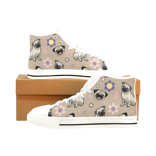 Pug Flower White Men’s Classic High Top Canvas Shoes /Large Size