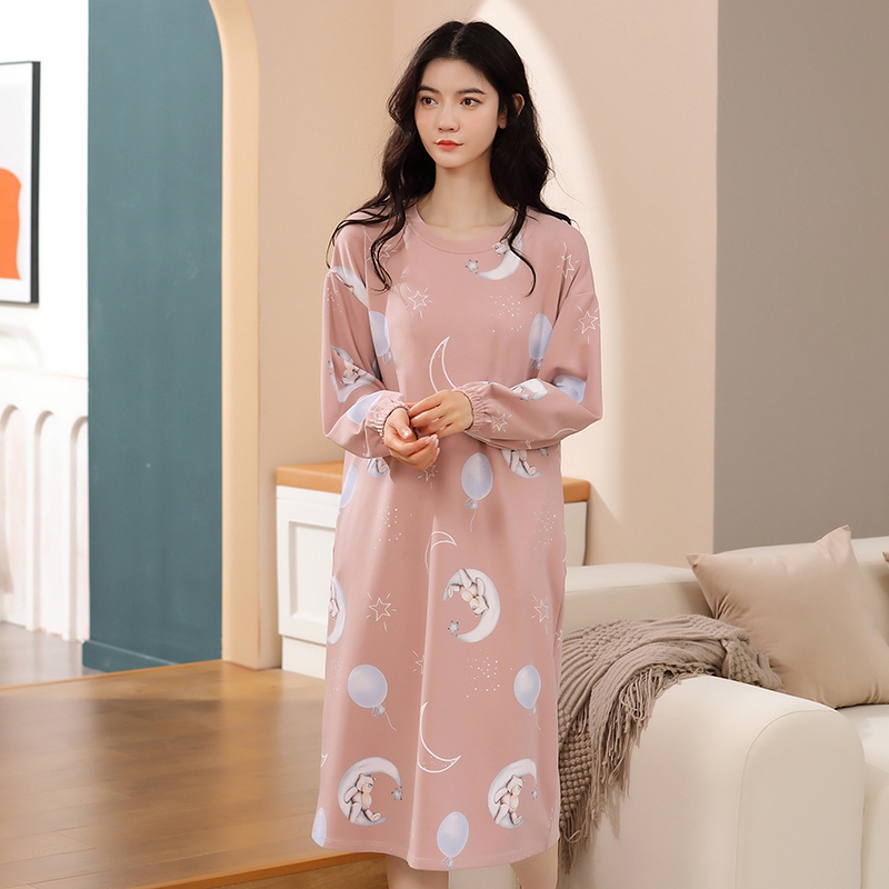 2022 Autumn Long Sleeve 100% Cotton Print Nightgown for Women Korean Cute Sleepwear Long Dress Night Gown Nightdress Home Nighty alx