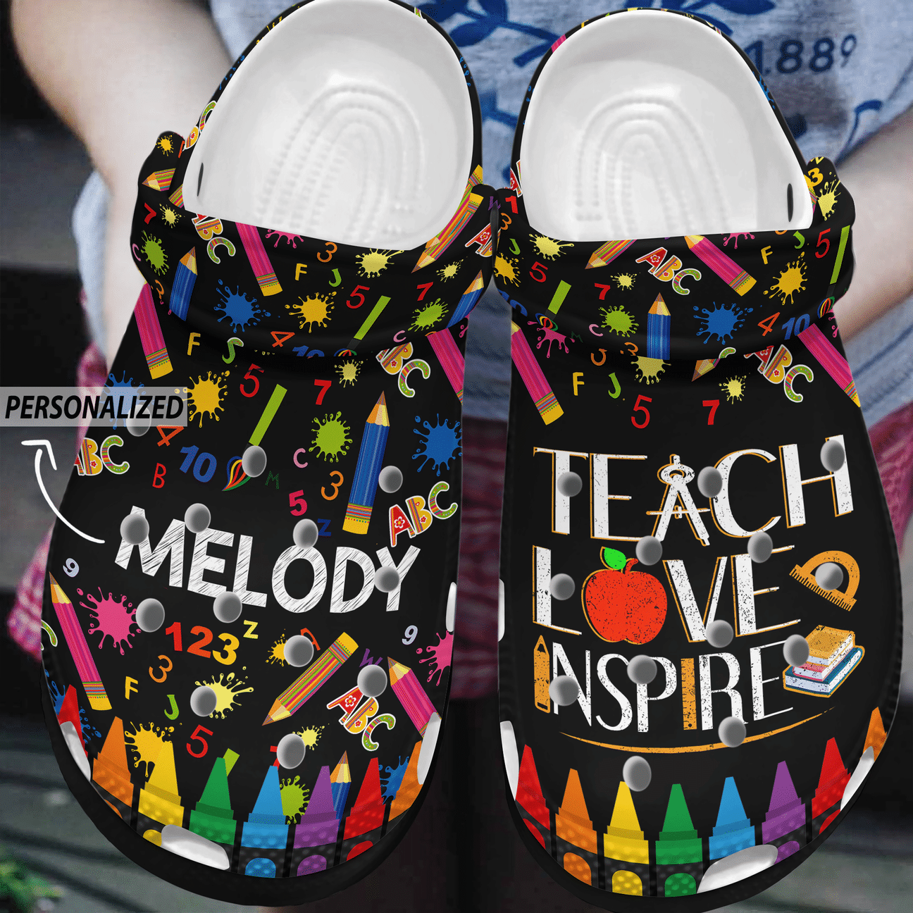 Teach Love Inspire Personalized Clog, Custom Name, Text, Color, Number Fashion Style For Women, Men, Kid, Print 3D