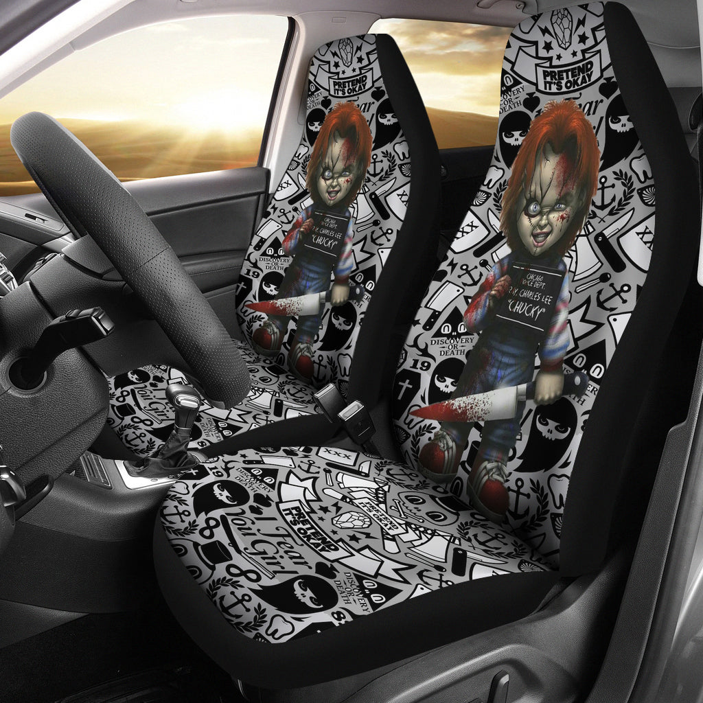 Halloween Car Seat Covers | Scary Chucky Doll With Knife Horror Background Seat Covers