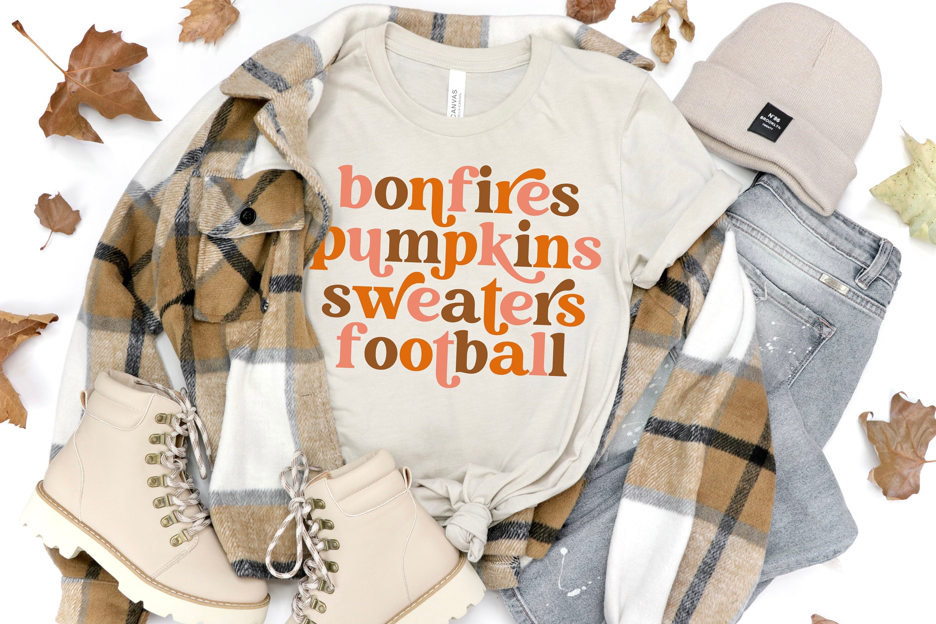 Bonfires Pumpkins Sweaters Football  T-Shirt – Thanksgiving Shirt – Fall Tee – Family T-Shirts – Family Thanksgiving Tees – Fall Gift – 4XL