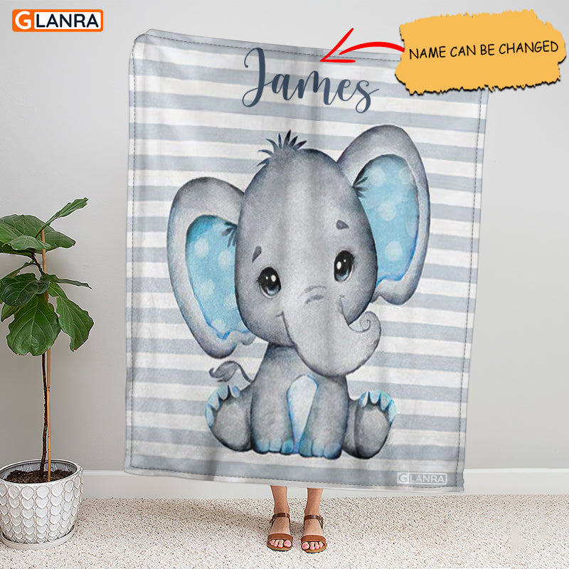 Personalized Cute Baby Elephant Fleece Blanket, Custom Elephant Fleece Blanket, Gift For Elephant Lovers, Birthday Gift For Kids, Animal Lovers Gift