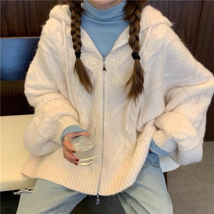 Winter Zipper Hooded Cardigan Sweaters Women Vintage Baggy Japanese Style Lazy Knitting Outwear Mori-girl Thick Cardigans Mujer alx