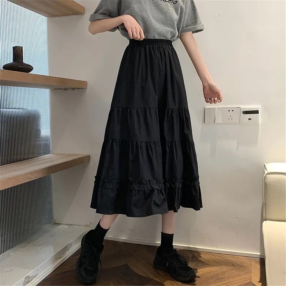 Black Goth Lolita Long Pleated Skirt Women Ruffles Vintage High Waist Harajuku Midi Skirt Summer Korean Patchwork Streetwear alx