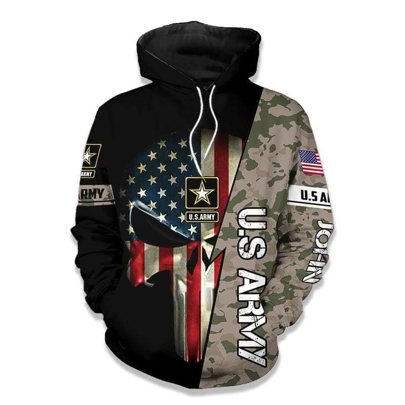 Personalized Custom Name US Army Veteran Camo Skull Hoodie 3D 211h
