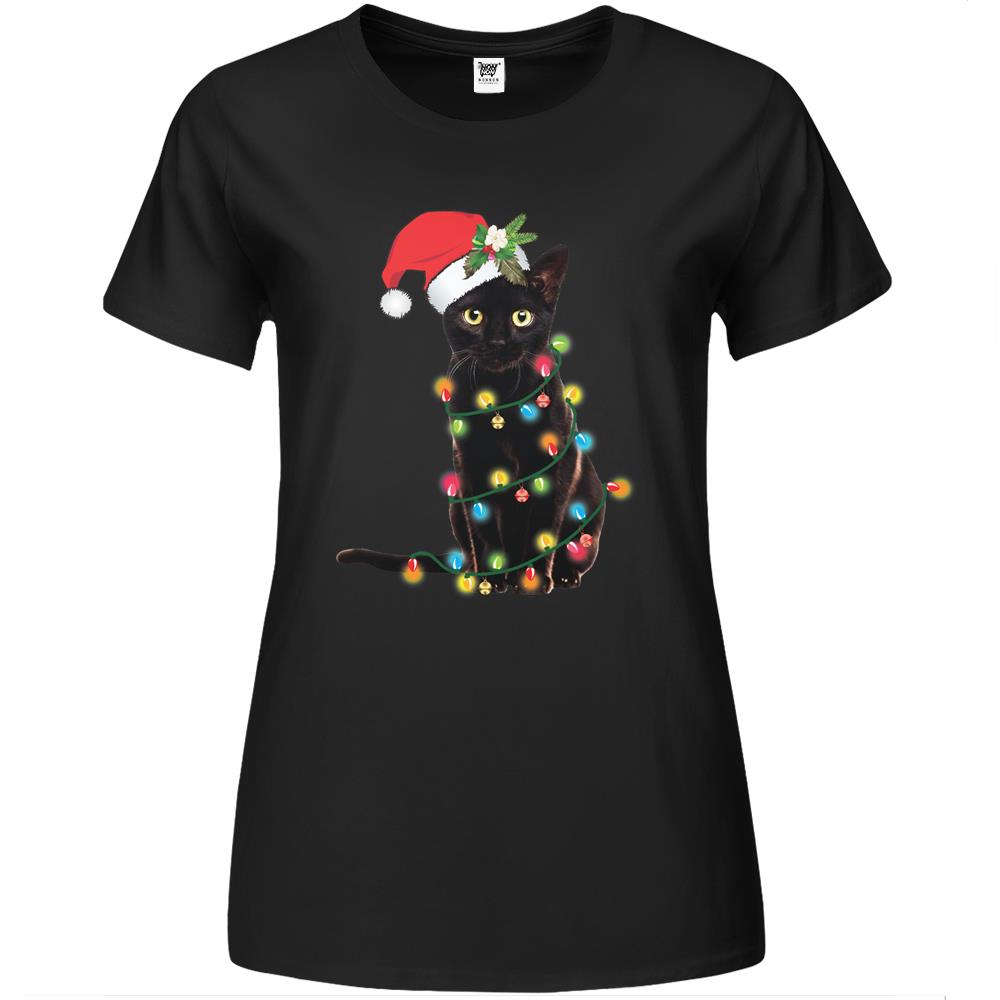 Black Santa Cat Tangled Up In Lights Christmas Santa Premium Womens T Shirts