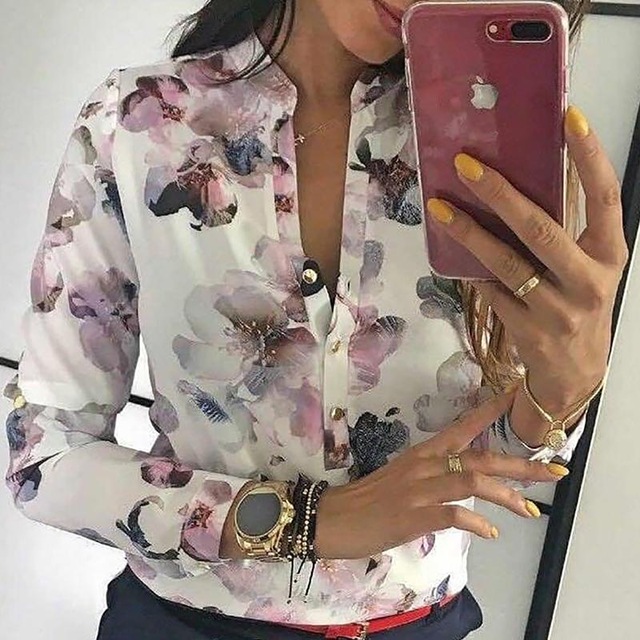 2021 Spring Women Elegant Casual Blouse Floral Print Button Design Long Sleeve Shirt Basic Top alx