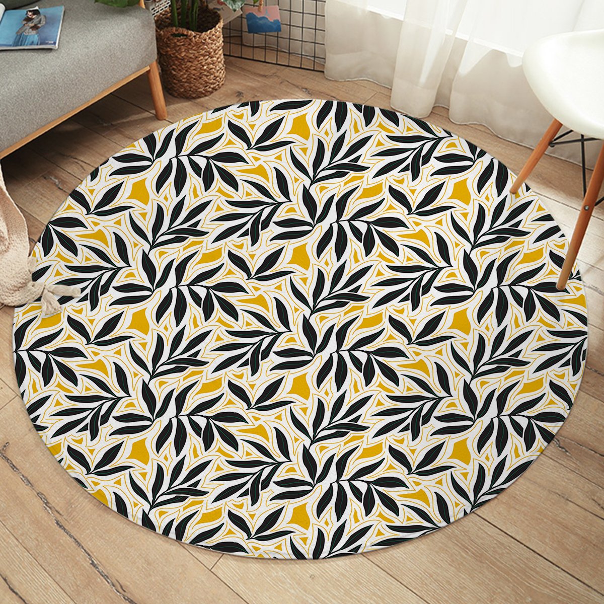 Black Leaves SW2246 Round Rug