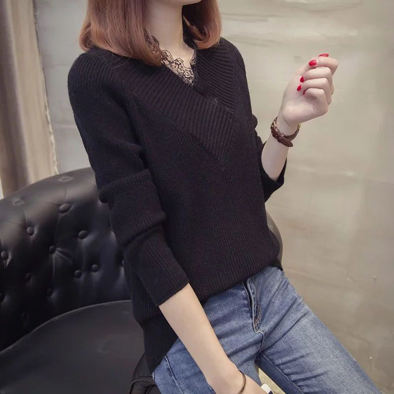 Autumn Winter V-neck Solid Lace Patchwork Simple Sweater Women Elegant Fashion Knitting Pullovers Ladies Korean All-match Jumper alx