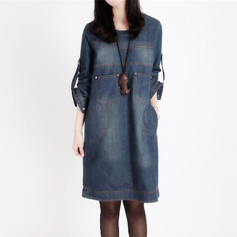 Vintage Denim Dress Spring Korean Women Loose waist Plus size Dress Elegant Women Round neck A word Long sleeve Denim Dress A52 alx