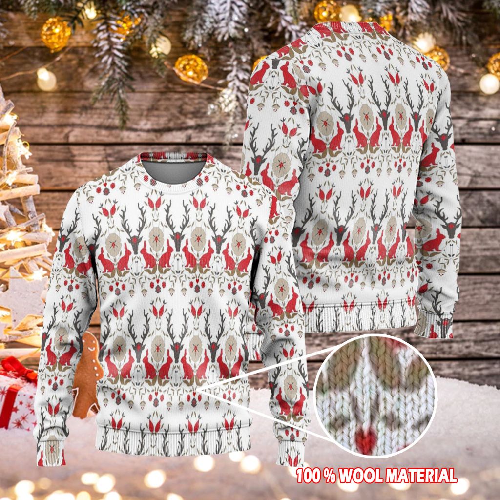 Unifinz Reindeer Sweater Reindeer Rabbit Pattern White Red Ugly Sweater 2022