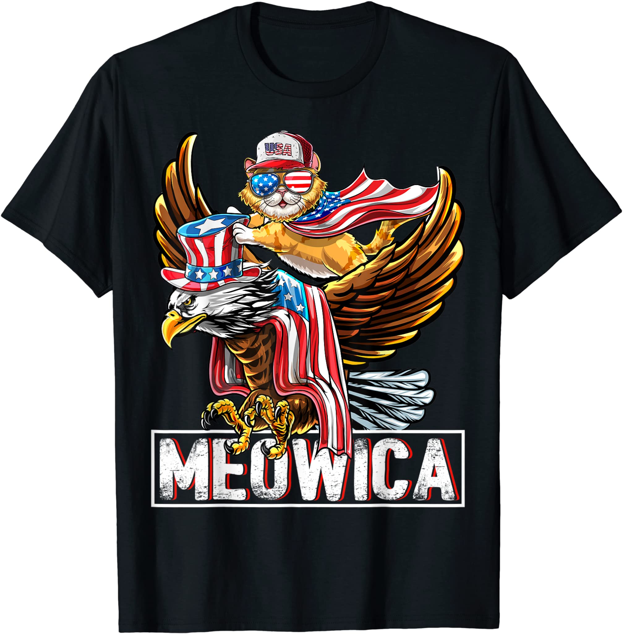 Meowica Cat Bald Eagle 4th of July Patriotic American Flag T-Shirt