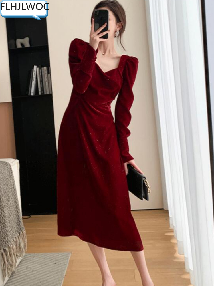 2022 New Chic Elegant Annual Meeting Red Dress Fashion Women Fashion Solid Square Neck French DesignLong Velvet Dresses Vestidos alx