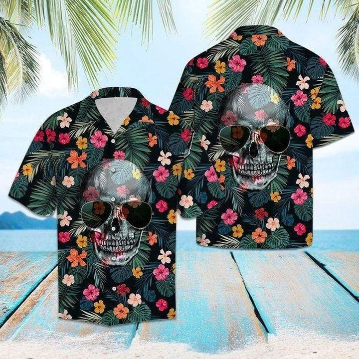 Floral Funny Skull Wearing Sun Glasses Tropical Print Polyester Hawaii Shirt Ha9614