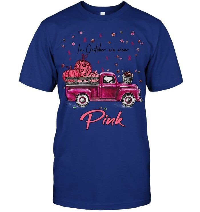 In October We Wear Pink Breast Cancer Awareness Pumpkin Truck Autumn Shirts