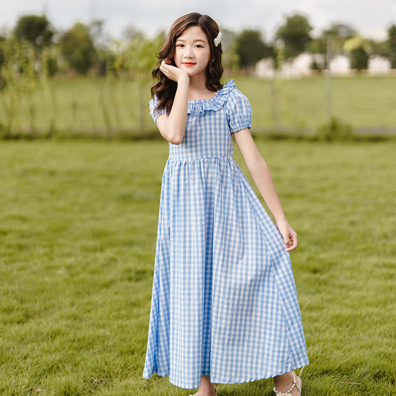 4 To 16Y Kids Teen Girls Dress Retro Princess Maxi Long New 2022 Summer Children Cotton Plaid Casual Clothing Elegant, #9407 alx