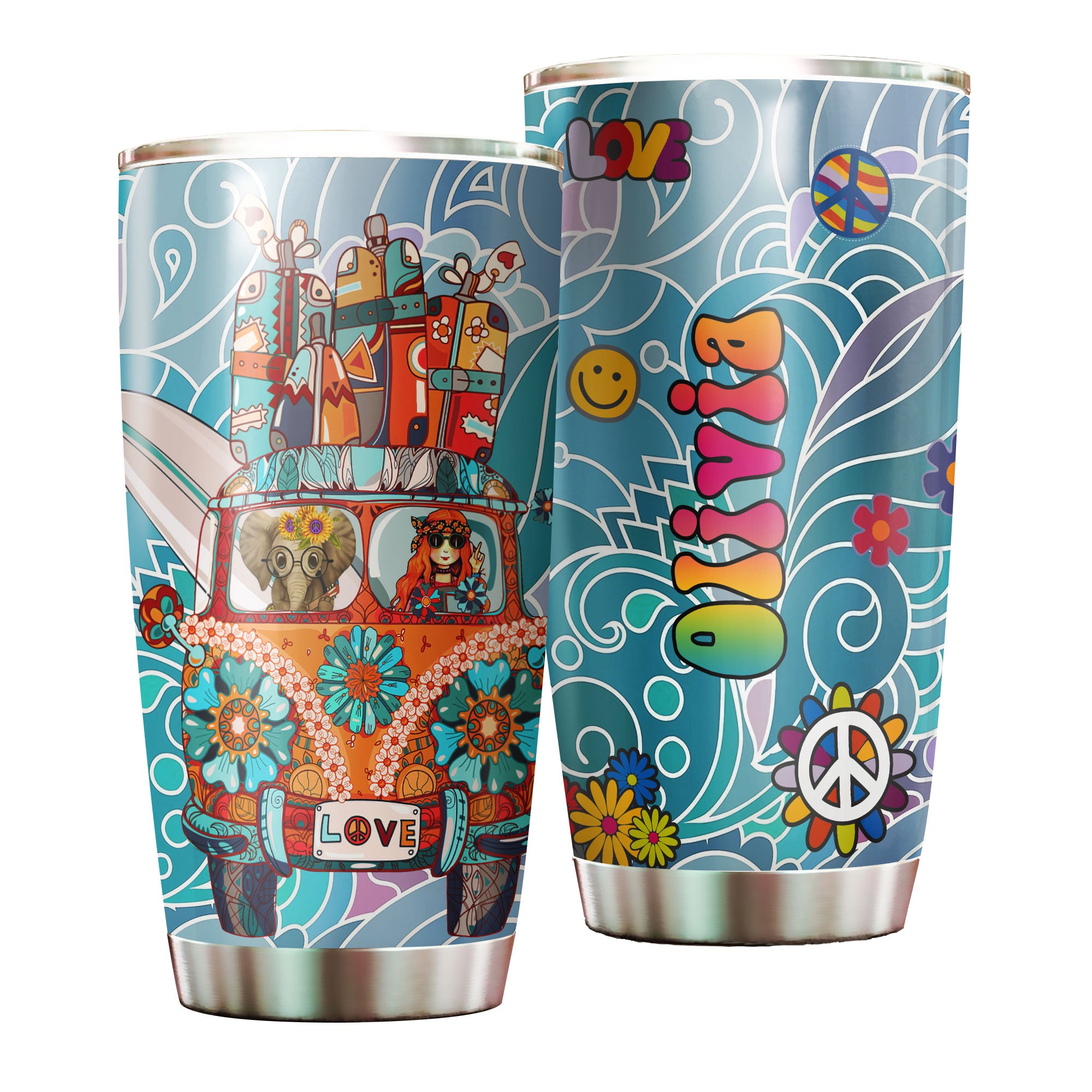 Personalized Cute Elephant And Girl In Car Hippie Style Stainless Steel Tumbler-Double-Walled Insulated Cup With Lid Travel Mug