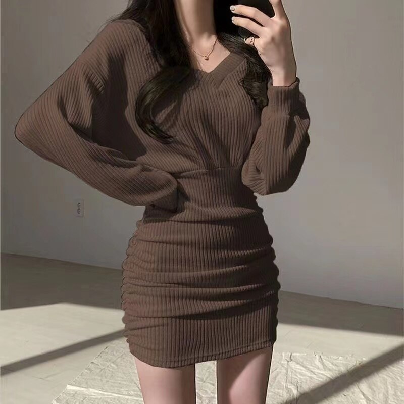 Women’s Solid Color Off-the-Shoulder Dress Long Sleeve V-Neck Slim Bag Hip Retro Sexy Fashion Waist Knit One-Line Neck New Dress alx