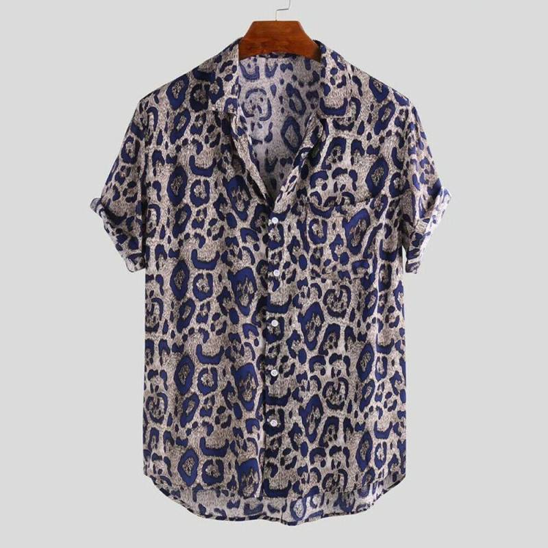 V Neck Casual Baggy Button Leopard Print Short Sleeve Shirts