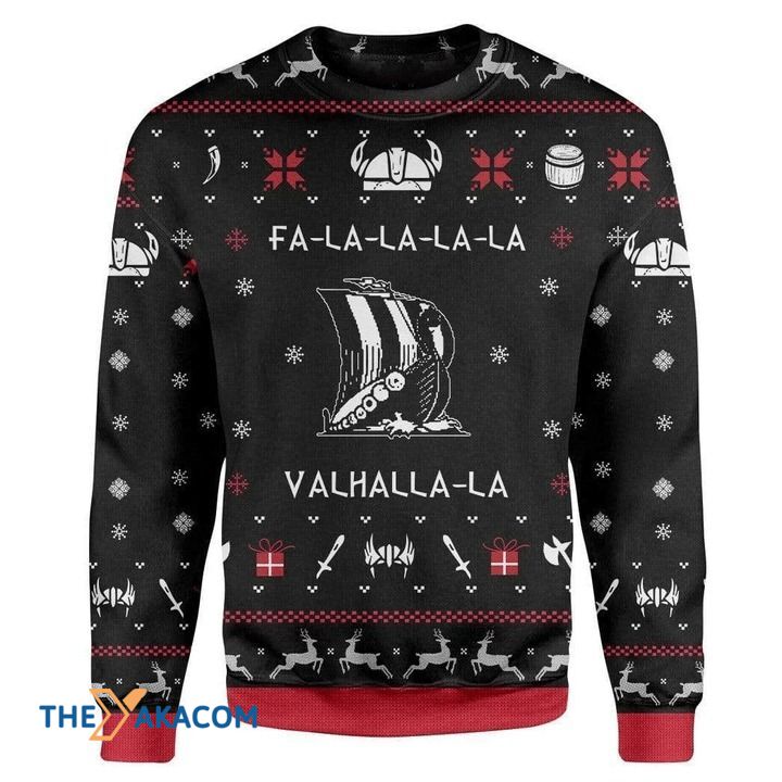 Black And Blue Viking Boat Valhalla Gift For Christmas Ugly Christmas Sweater