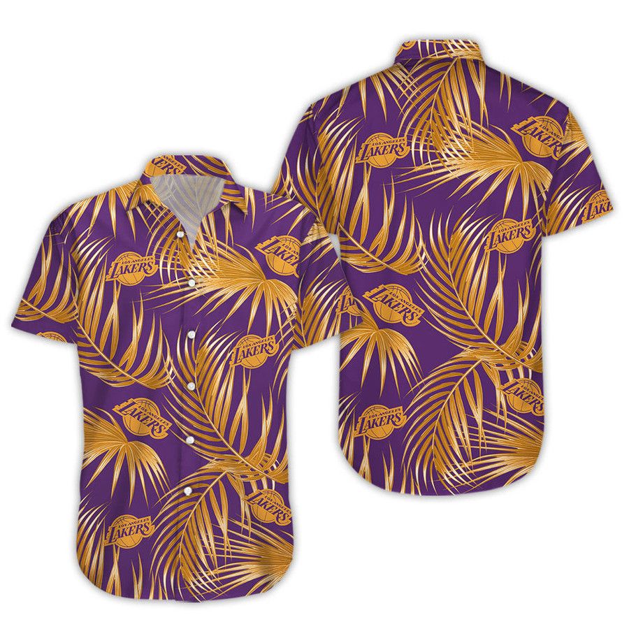 NBA Los Angeles Lakers Golden Leaf Palm Purple Hawaiian Shirt