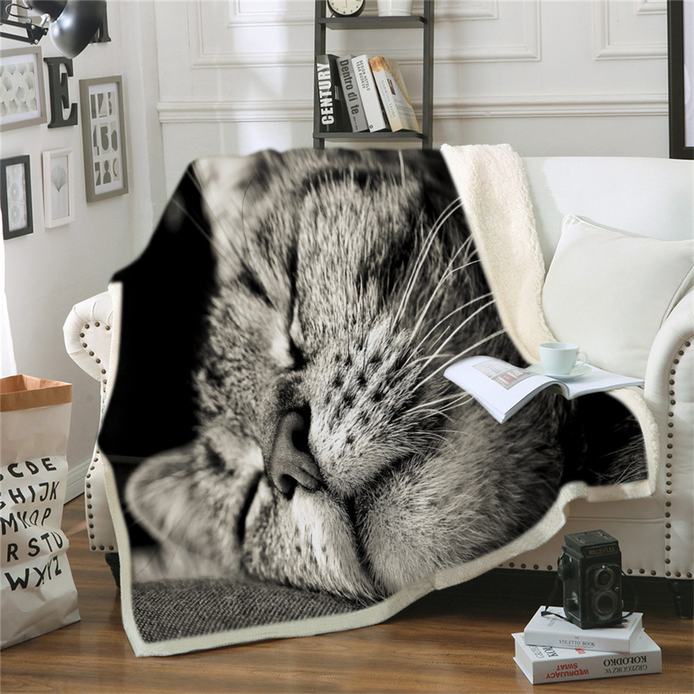 Cat Throw Blanket on Bed 3D Animal Plush Sherpa Blanket Siamese Bedspreads Gray Cat Fur Thin Quilt alx