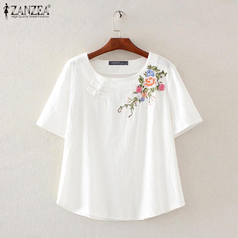 2022 Summer Womens Blouse ZANZEA Floral Embroidered Tops Tunic Fashion Loose Short Sleeve Blusa Casual O Neck Cotton Blouse alx