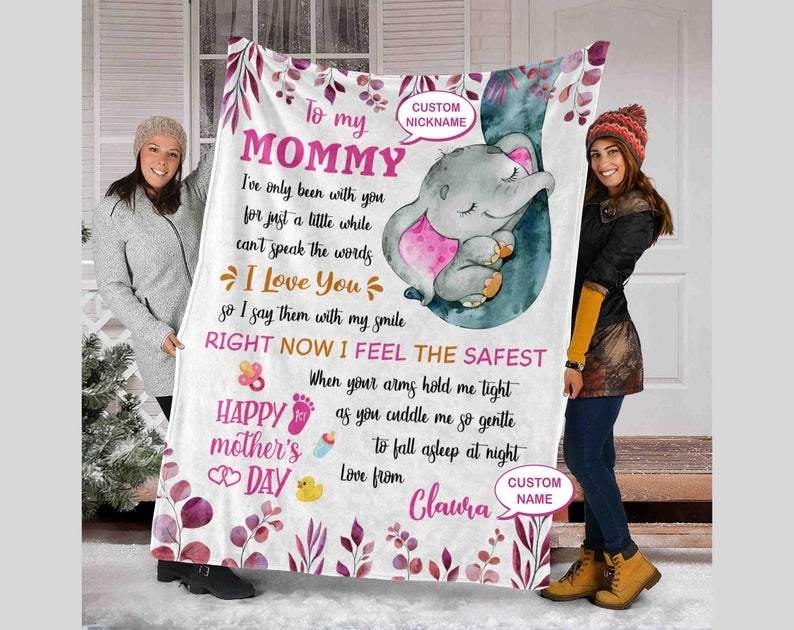 Happy Mother’S Day – Personalized To My Mom Blanket, To My Mom Love Your Daughter Cute Elephant Happy 1St Mother Day