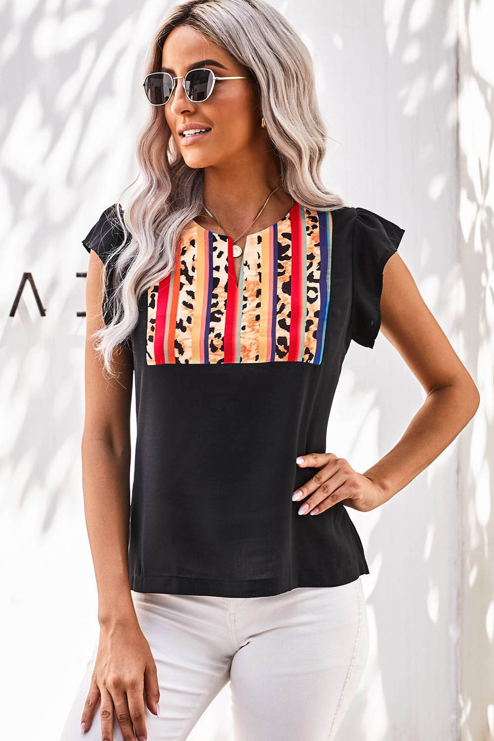 Colorful Striped Leopard Splicing T-Shirt