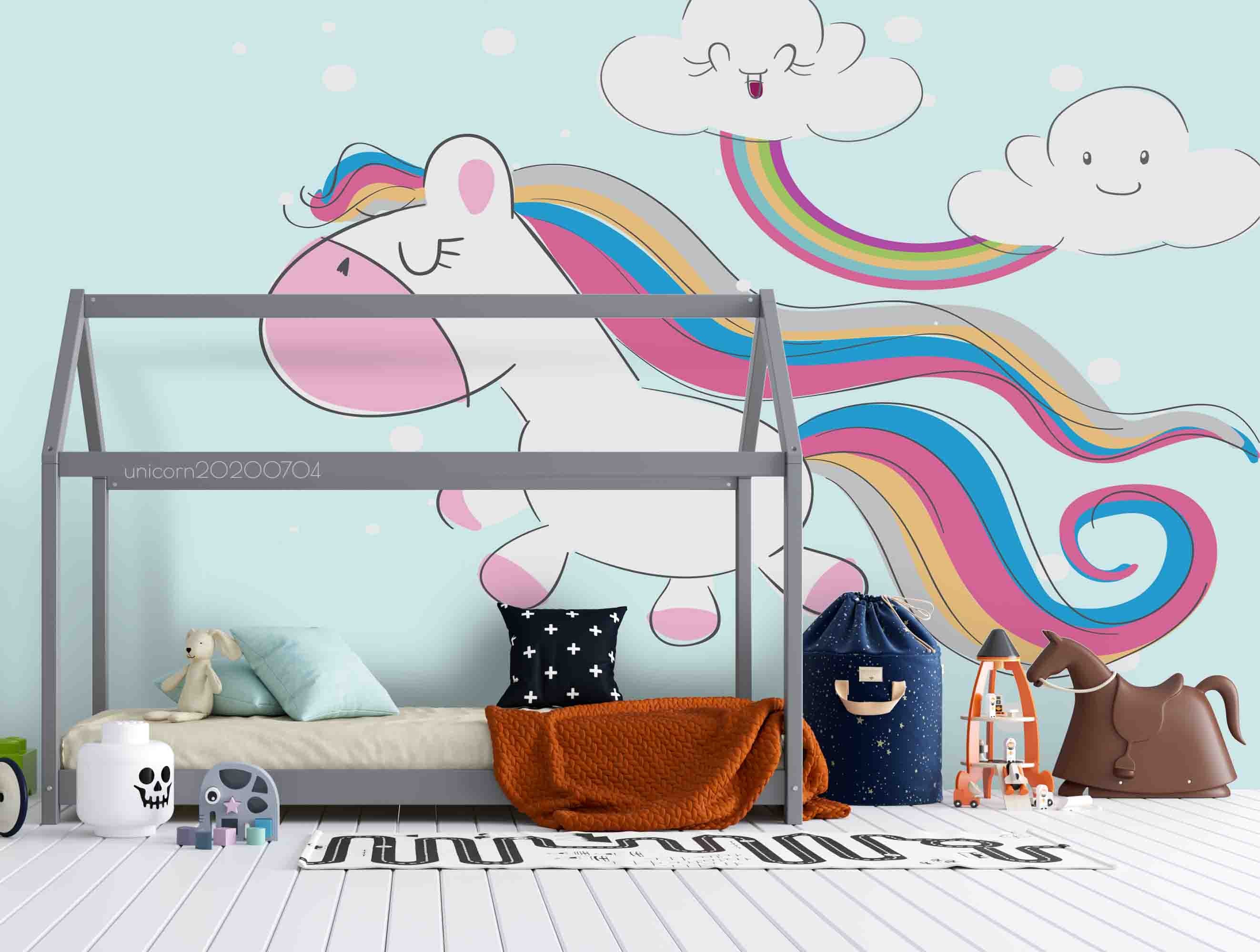 3D Cartoon Rainbow Cloud Unicorn Wall Mural Wallpaper A212 Lqh