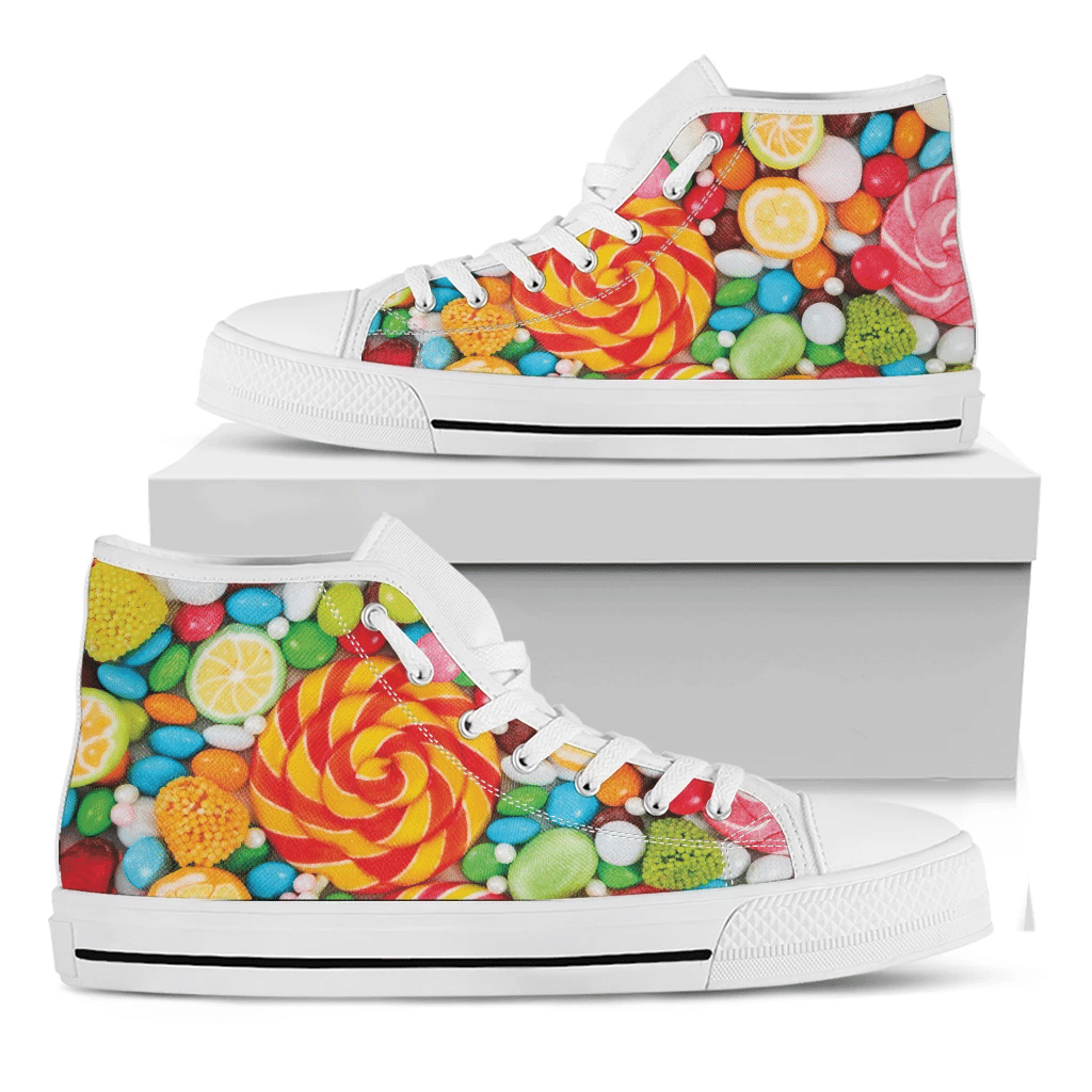 Colorful Lollipop And Candy Print White High Top Shoes For Men And Women