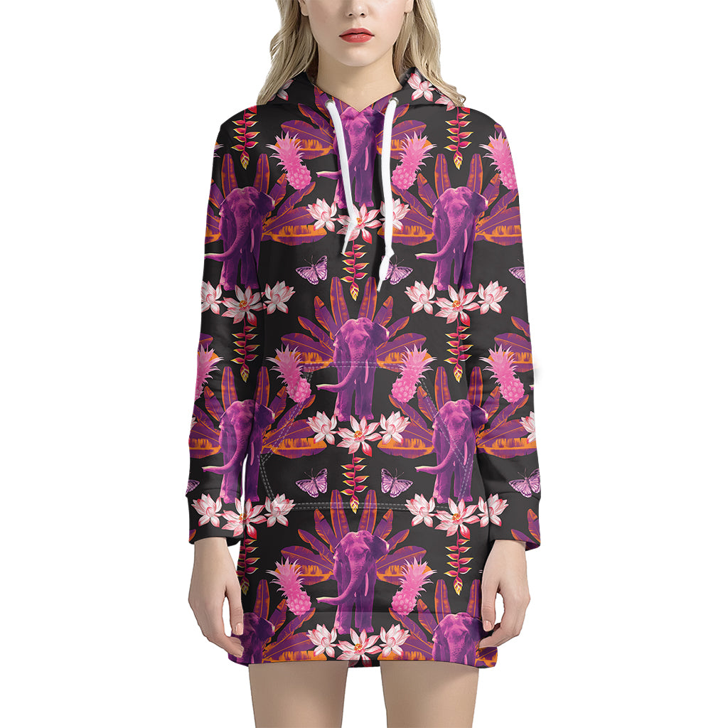 Purple Tropical Elephant Pattern Print Women’S Pullover Hoodie Dress