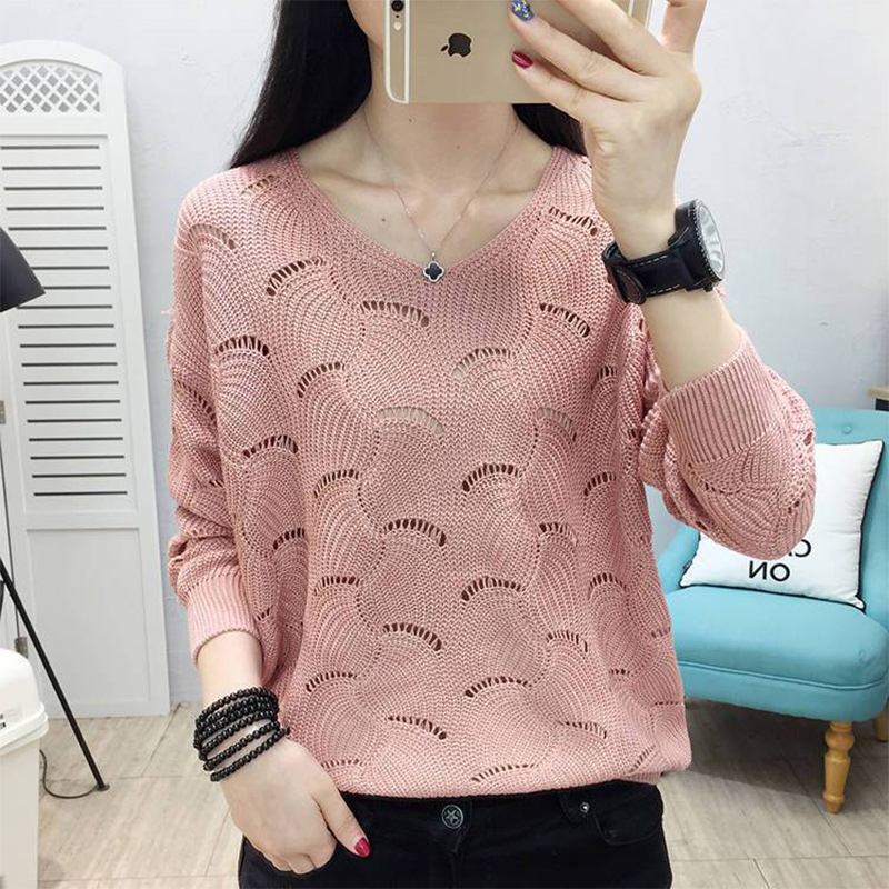 Spring Autumn V-neck Elegant Sweet Knitting Hollow Out Top Women Solid Loose Casual Sweater Ladies Korean Style All-match Jumper alx