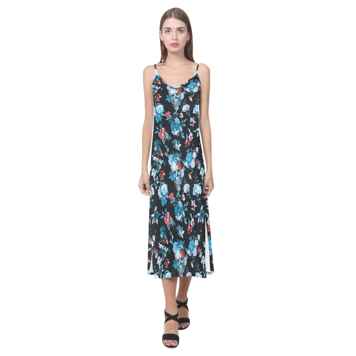 Skull flower roses leave pattern V-Neck Open Fork Long Dress