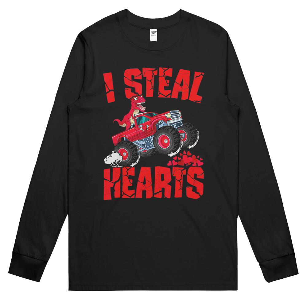 Dinosaur Ridding Truck I Steal Hearts Valentines Day Boys Long Sleeve T Shirts