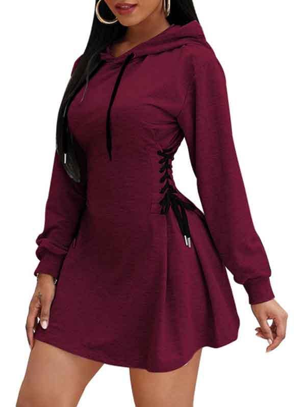 Solid Long Sleeve Lace Up Hoodie Dress For Women – Chingontees