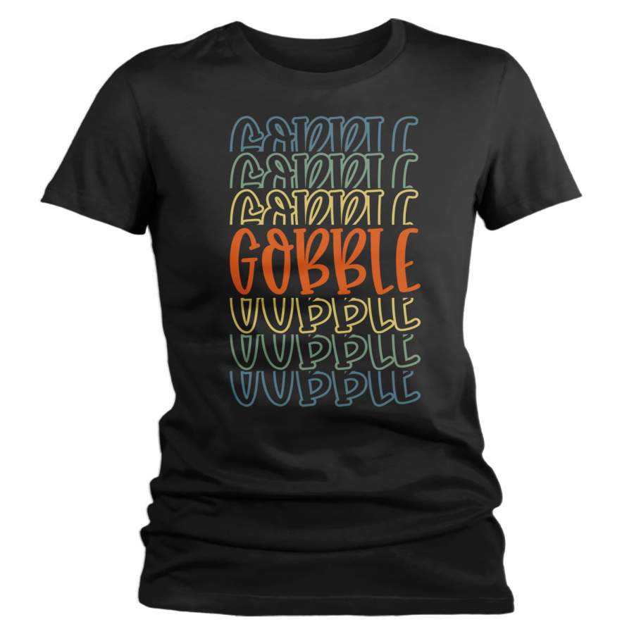 Women’s Cute Thanksgiving T Shirt Gobble Shirt Fun Stacked Font Mirror Text Retro Tshirt Vintage Thanksgiving T-Shirt