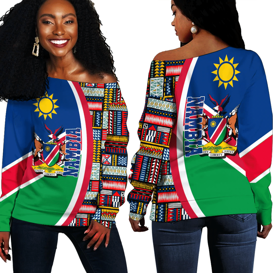 1Sttheworld Clothing – Namibia Flag And Kente Pattern Special Women’S Off Shoulder Sweaters A35
