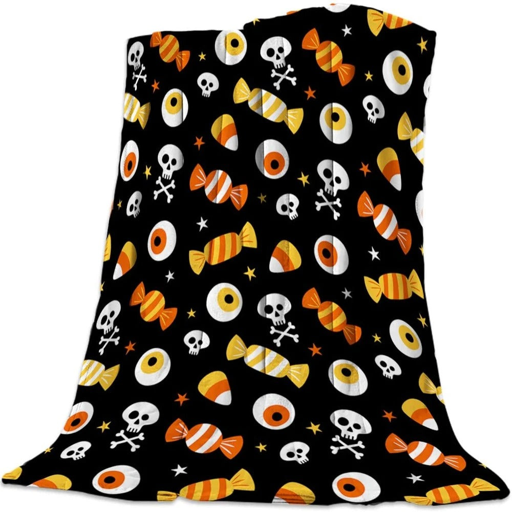 Candy Skull Fleece Blanket, Halloween Throw Blanket, Black Cat Witches Throw Blanket, Gift Blanket Lover Halloween, Fleece Blanket, Sherpa Blanket