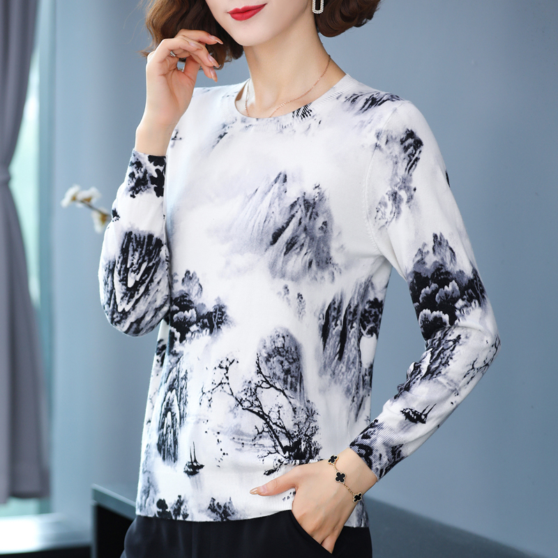 YISU Knitted Sweater Women Spring Autumn O-neck Long Sleeve Loose Jumper Pullover Tops landscape painting Printed Sweaters Women alx