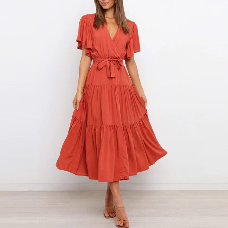 Summer Ladies New Casual Solid Color Short Sleeve Maxi Dress Fashion Commute Lace-up High Waist Ruffled Dresses Bohemia Women’s alx