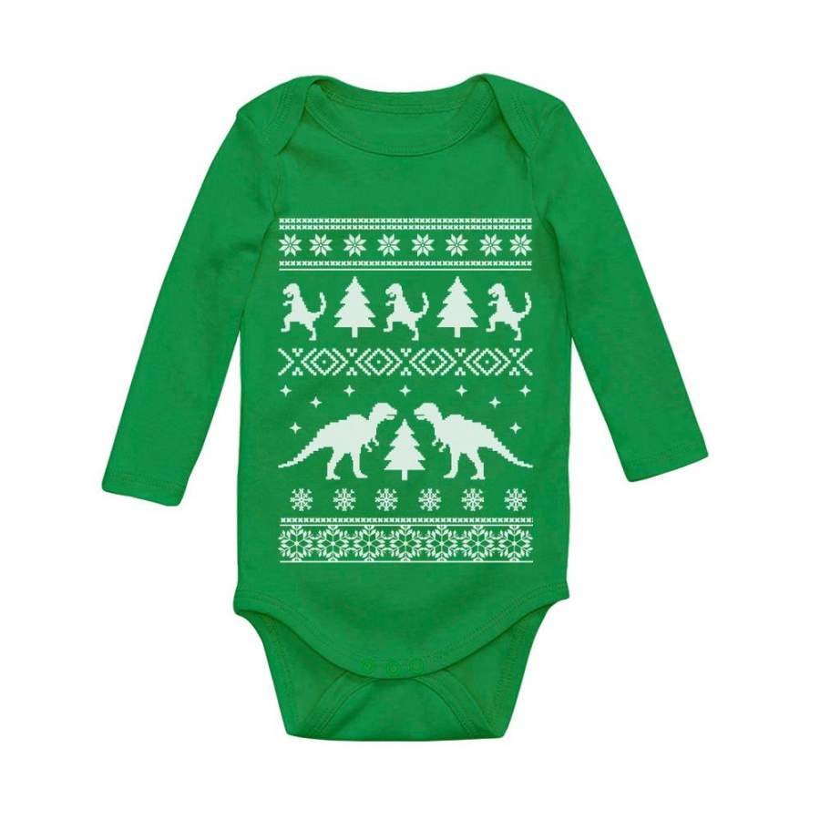 Ugly Christmas Sweater Trex Dinosaur Baby Long Sleeve Bodysuit