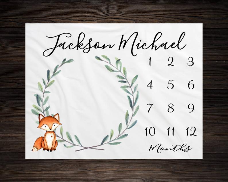 Woodland Milestone Blanket, Monthly Growth Tracker Soft Fleece Fox Blanket, Baby Shower Gift, Newborn Gift Blanket