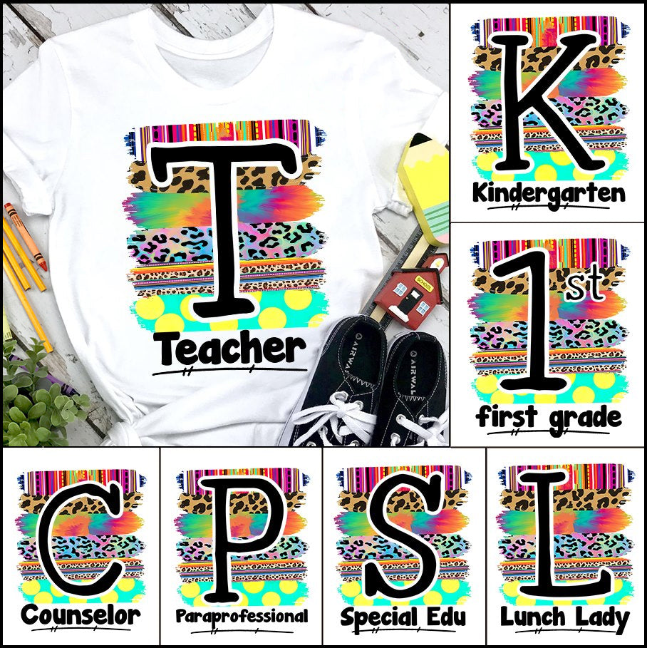 Personalized T-Shirt For Teacher Initial Printed Leopard Tie Dye Polka Dot Design Custom Title Back To School Outfit