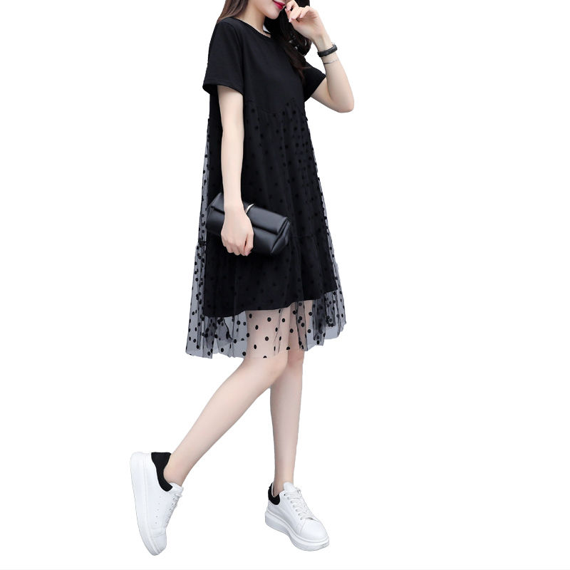 Tshirt Dress 2022 Summer Womens Casual Black Short Sleeve Splicing Mesh Sexy Vintage Polka Dot A-Line Dresses 5XL Y129 alx