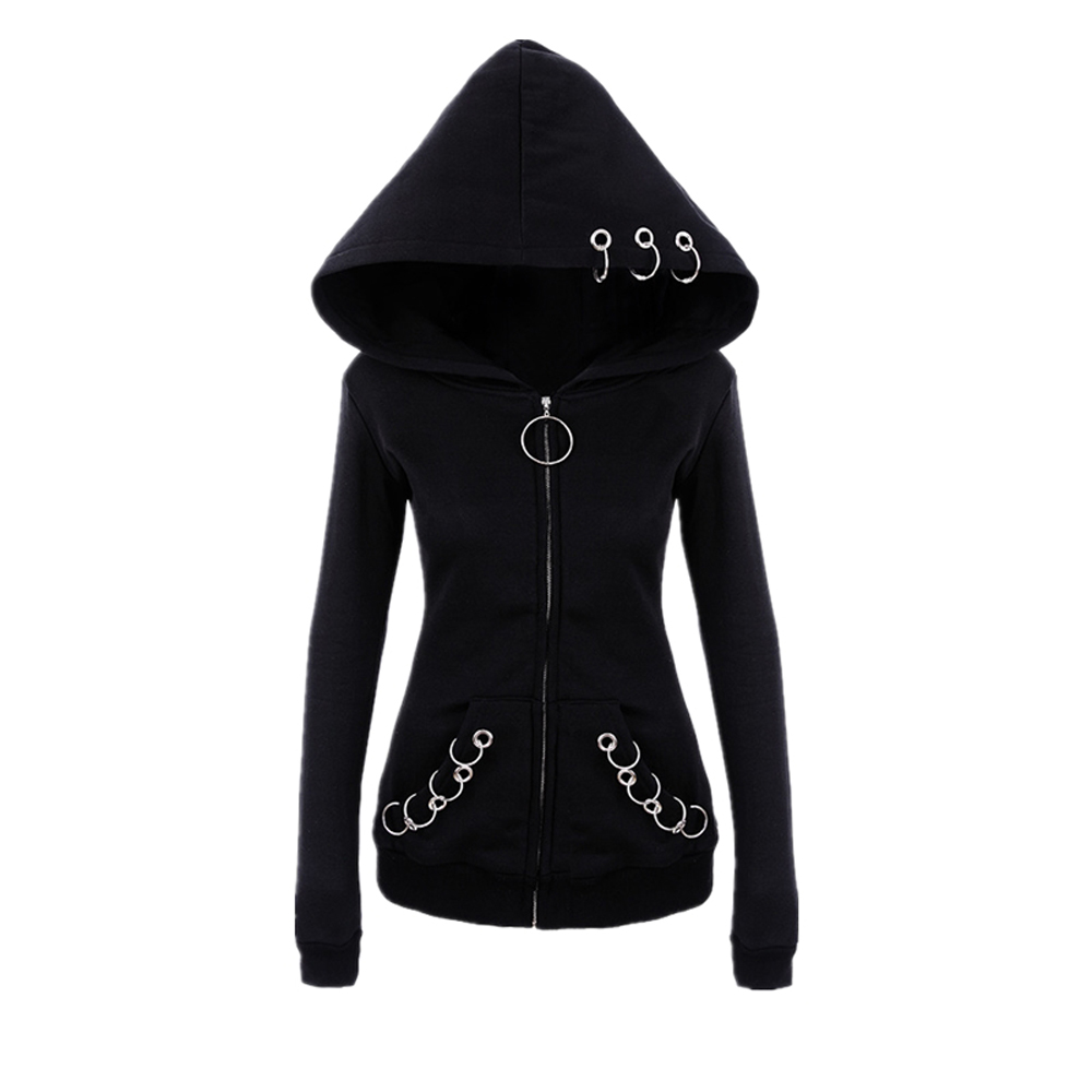 XUANSHOW 2022 Women Hoodies Gothic Punk Iron Ring Sweatshirts Autumn Winter Long Sleeve Zip-up Black Jacket Zipper Ladies Coat alx