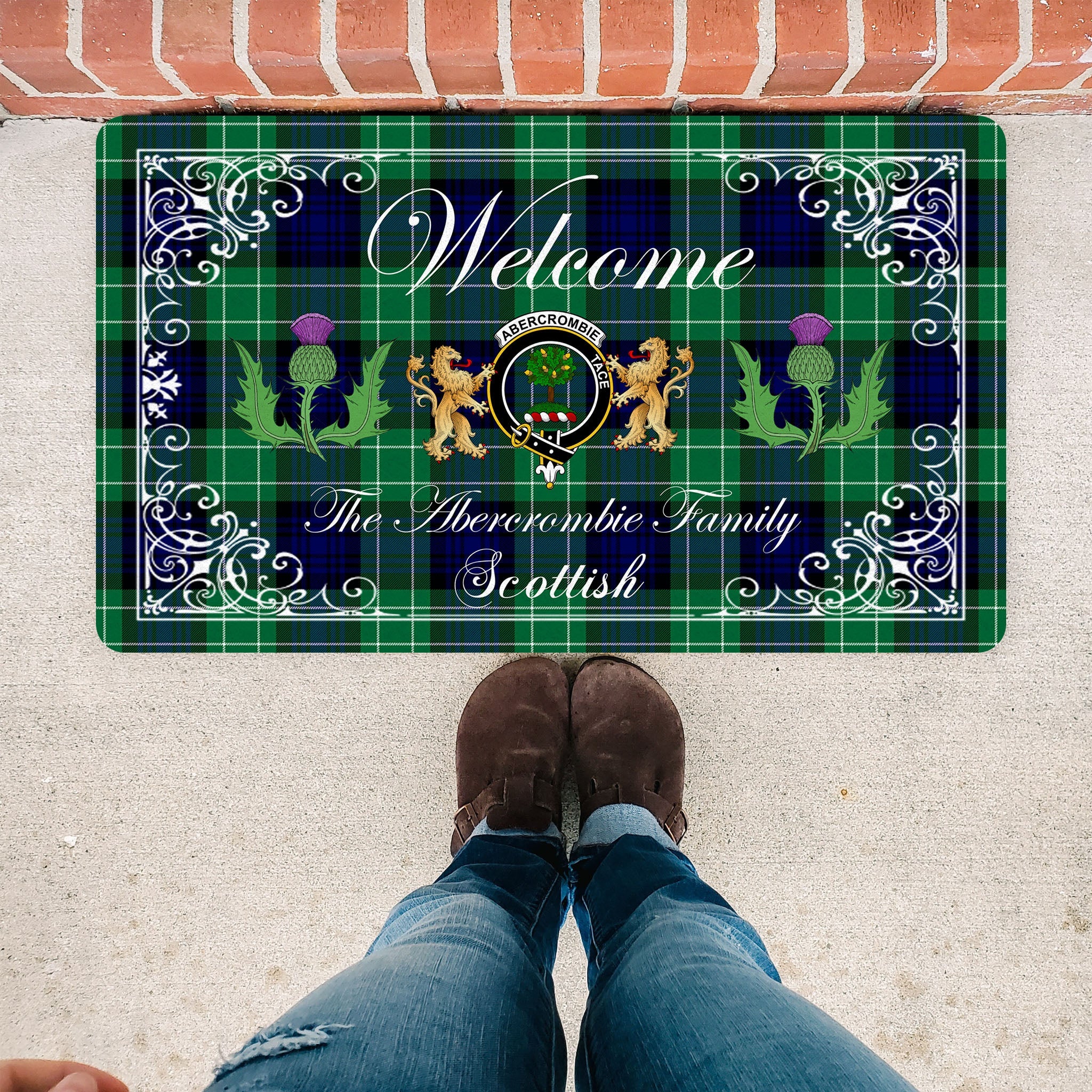 Scotstee Shop Tartan Door Mats Clan Abercrombie Badge Tartan Thistle And Two Lion Scottish Plaid Doormat, Christmas Door Mat Gift